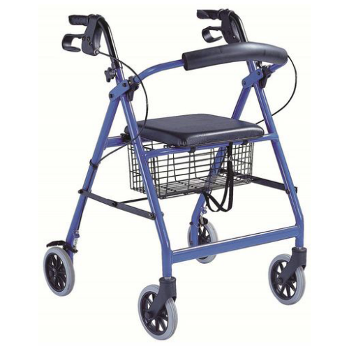 Andador ancianos con 4 ruedas y cesta portaobjetos.
